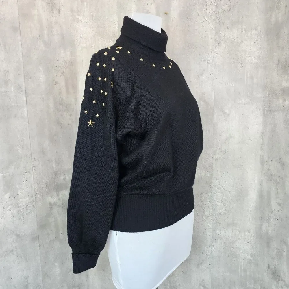 Vintage 80s Meister Womens M Black‎ Knit Turtleneck Sweater Brass Studded Detail